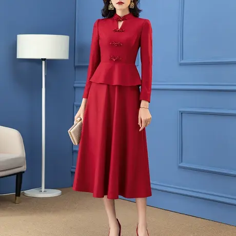 中年妈妈装秋装红色连衣裙女2023新款时尚假两件喜婆婆婚宴装洋气图片